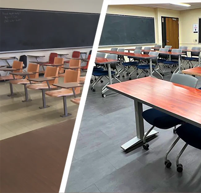 image of old classroom fading into a new classroom.