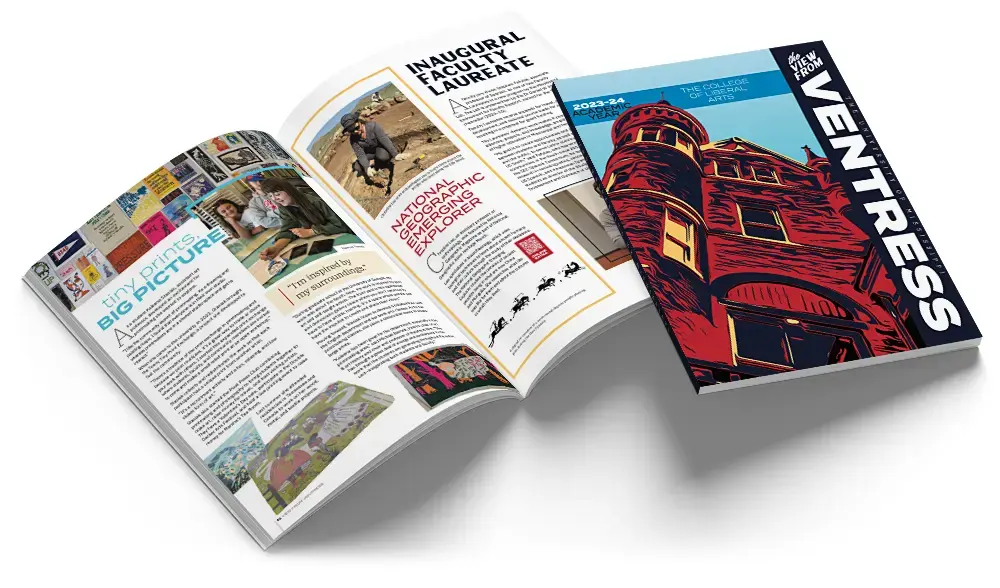 opened spread from View from Ventress newsletter next to a cover of the newsletter
