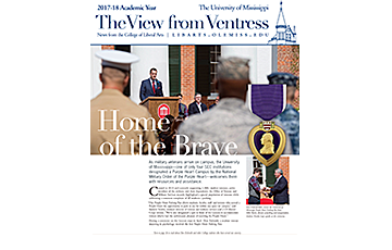 The View from Ventress newsletter cover with image of a presentation with members of the military and a purple heard medal. Headline reads: "Home of the Brave"