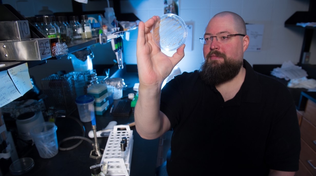 image of faculty member holding up petri dish in the light