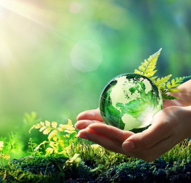 image of hands holding a glass globe in a forest setting