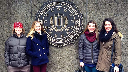 UM students (from left) Robert Lucas, Rachel Marsh, Jenna Campbell and Foy Stevenson visit the Federal Bureau of Investigations headquarters in Washington, D.C., in January. They met with numerous officials concerning environmental ethics issues as part of the UM Study USA program.