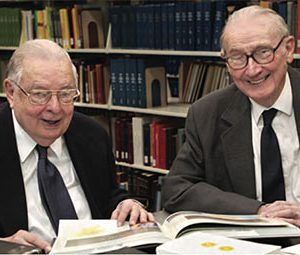 Beloved English professors, John Pilkington (left) and Charles Noyes devoted countless hours to the Friends of the Library’s cause.