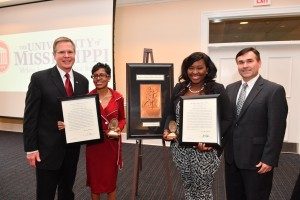 UM Chancellor Jeffrey Vitter (left) and McLean Institute Director Albert Nylander congratulate Barbara Wortham and Ann-Marie Herod on being named Sullivan Award honorees Wednesday at The Inn at Ole Miss.