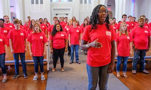 Stella Mbugua and the University of Mississippi Concert Singers take part in a worldwide performance for World Peace Day. The choir’s performance in Paris-Yates Chapel was live-streamed on the internet. Photo by Robert Jordan/Ole Miss Communications