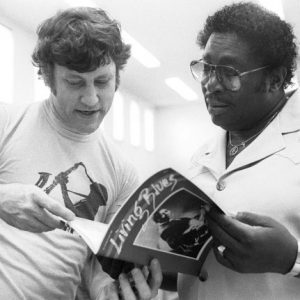 Bill Ferris (left) looks over a copy of Living Blues magazine with blues great B.B. King during a visit by King to the University of Mississippi in the 1980s, when Ferris was director of the Center for the Study of Southern Culture. Photo by Robert Jordan/Ole Miss Communications