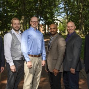 Dean Lee Cohen, far left, and Associate Dean Charles Hussey, far right, congratulate UM’s 2017 College of Liberal Arts New Scholars. They are, from left to right, Jared Delcamp, Joshua Hendrickson, Derrick Harriell and Matthew Wilson. Thomas Graning/Ole Miss Communications