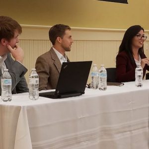 Three Croft alumni shared experiences from their professional life with current Croft students in our alumni panel. From right to left: Catherine Espinoza (B.A. 2010), Patrick Dogan (B.A. 2008), and Joel Fyke (B.A. 2005).