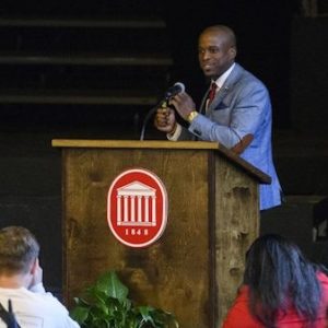 Southern studies and sociology professor Brian Foster delivers the keynote address for the UM Black History Month opening ceremony. Photo by Thomas Graning/Ole Miss Communications