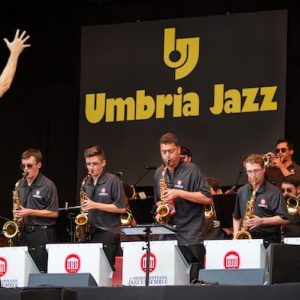 The Mississippians perform at the Umbria Jazz Festival this summer in Perugia, Italy, as part of the group’s European tour. The group includes (from left) Asher Mitchell, Tyler Hewett, Christopher Scott, Ryne Anderson and Courtney Wells on saxophone.