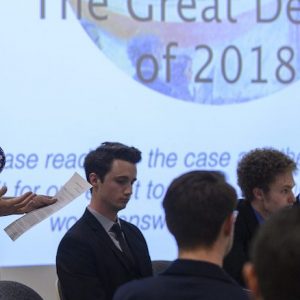 The UM Ethics Bowl team discusses the question, ‘Should the standard of sexual consent be an affirmative verbal yes?’ during last year’s Great Debate. Photo by Marlee Crawford