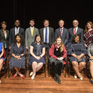 The 2019 University of Mississippi Hall of Fame. Pictured are (front row, from left) Blair Wortsmith, of Little Rock, Arkansas; Makala McNeil, of Grenada; Mallie Imbler, of Tupelo; Jaz Brisack, of Oxford; Skylyn Irby, of Batesville; Randon Hill, of Oxford; (top row from left) UM Provost Noel Wilkin; UM Vice Chancellor for Student Affairs Brandi Hephner LaBanc; Jarvis Benson, of Grenada; Levi Bevis, of Florence, Alabama; Elam Miller, of Murfreesboro, Tennessee; Jacob Ferguson, of Randolph; UM Interim Chancellor Larry Sparks and UM Assistant Vice Chancellor and Dean of Students Melinda Sutton Noss. Photo by Thomas Graning