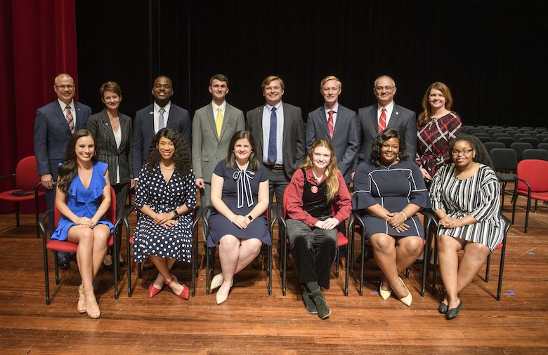 The 2019 University of Mississippi Hall of Fame. Pictured are (front row, from left) Blair Wortsmith, of Little Rock, Arkansas; Makala McNeil, of Grenada; Mallie Imbler, of Tupelo; Jaz Brisack, of Oxford; Skylyn Irby, of Batesville; Randon Hill, of Oxford; (top row from left) UM Provost Noel Wilkin; UM Vice Chancellor for Student Affairs Brandi Hephner LaBanc; Jarvis Benson, of Grenada; Levi Bevis, of Florence, Alabama; Elam Miller, of Murfreesboro, Tennessee; Jacob Ferguson, of Randolph; UM Interim Chancellor Larry Sparks and UM Assistant Vice Chancellor and Dean of Students Melinda Sutton Noss. Photo by Thomas Graning