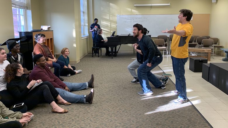 Benjamin Rorabaugh (center, left), a master’s student in vocal performance from Long Beach; Jiaxuan Zhu (behind), a master’s student in vocal performance from Wenzhou, China; and Reagan Arnold, a senior vocal performance major from Collins, entertain fellow cast members with a scene from Gilbert and Sullivan’s ‘Princess Ida.’ The scene is part of the UM Opera Scenes program ‘Be in the Room Where it Happens,’ set for Nov. 1 and 2 in Nutt Auditorium. Photo by Lynn Adams Wilkins/