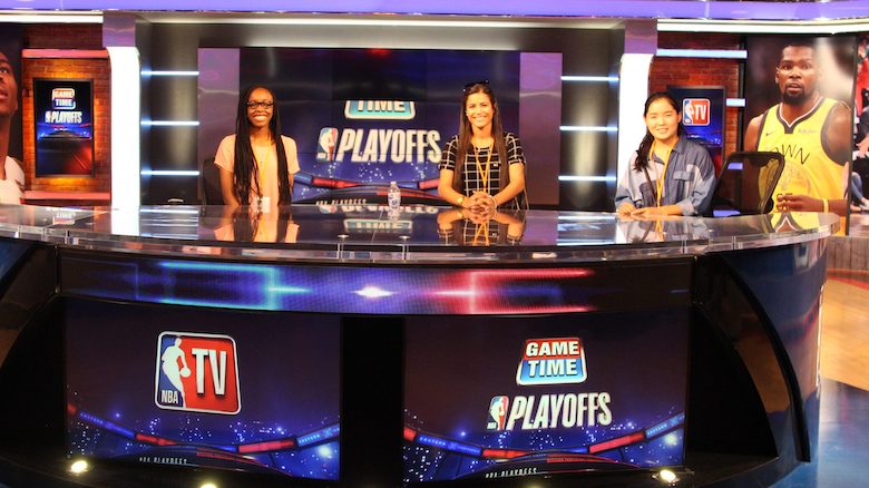 UM alumni organized a special tour of the TNT Sports Studio in Atlanta this summer for UM Internship Experience students, including (from left) junior psychology major Dyamon Brown, of Columbia; senior banking and finance major Diane Lim, of Suwanee, Georgia; and senior business major Lillian Salem, of Belden. 