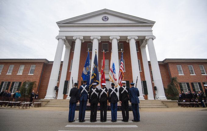 University of Mississippi ROTC cadets, midshipmen and Marines present the colors at the pass in review Thursday, Nov. 14, 2019 for UM Chancellor Glenn Boyce. Photo by Thomas Graning/Ole Miss 
