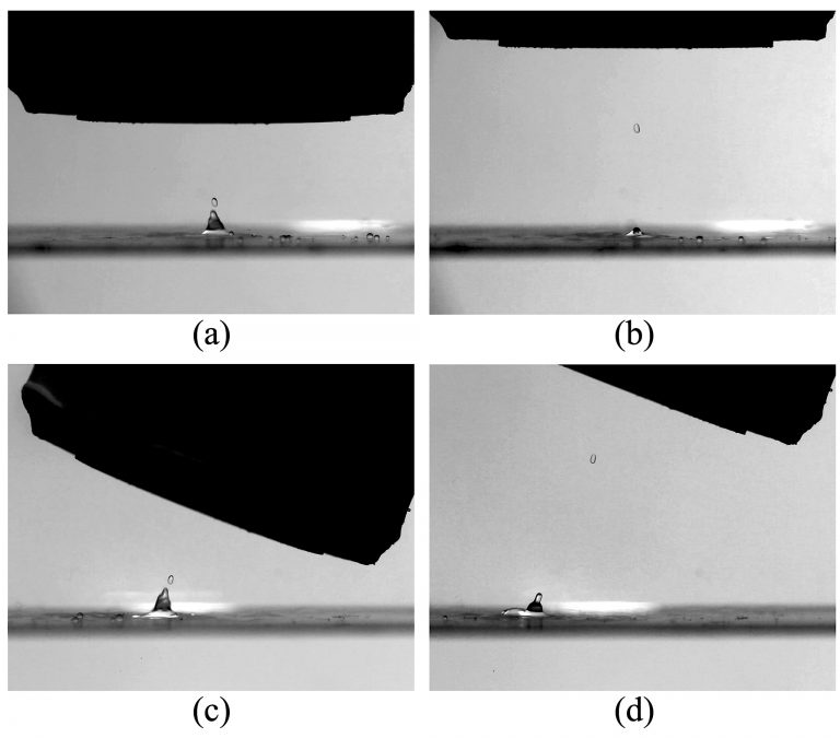 This sequence shows how researchers at the UM National Center for Physical Acoustics can capture and move a droplet using acoustic tweezers. The near-field acoustic tweezers technique works by forming sound waves into a specially shaped beam using a new type of acoustic lens, called a fraxicon, which creates a small pocket in the beam that acts as a trap. 