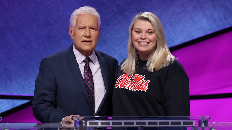 UM sophomore Londyn Lorenz poses for a publicity photo with legendary host Alex Trebek on the set of ‘Jeopardy!’ during the Jeopardy! College Challenge. Photo courtesy Jeopardy Productions Inc.