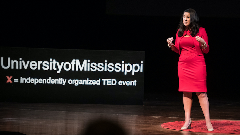 UM alumna Jenny Urban discusses changing airline regulations at the 2019 TEDxUniversityofMississippi event in the Gertrude C. Ford Center for the Performing Arts. Photo by Megan Wolfe/Ole Miss Digital Imaging Services