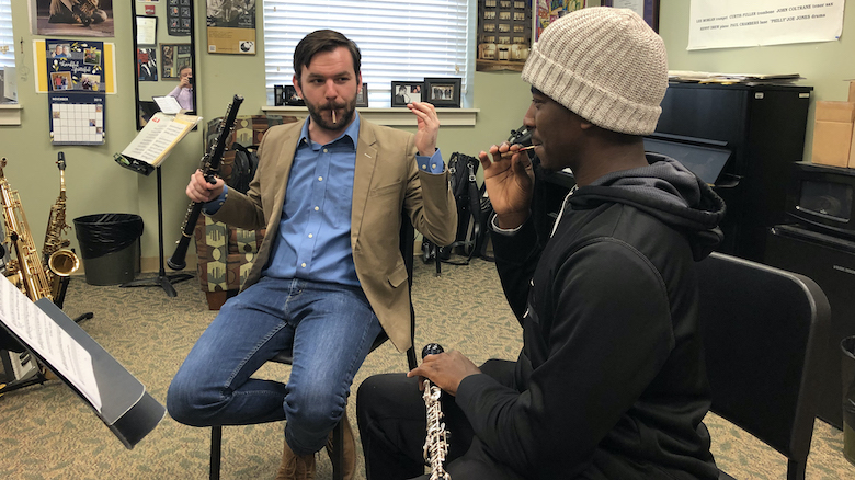 Music instructor Austin Smith works on double-reed methods with Ole Miss music student Michael Ivy. Photo courtesy Adam Estes