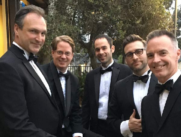 Members of the Carmel Bach Festival Chorale – (from left) David Vanderwal, Stephen Sands, Tim Hodges, Scott Mello and Jos Milton – prepare for a rehearsal at a previous Carmel Back Festival in California. Submitted photo