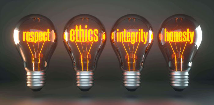lightbulbs that say respect, ethics, integrity, and honesty