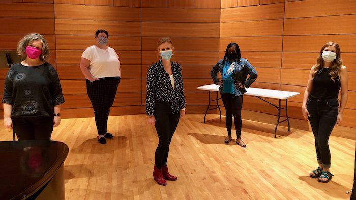 Amanda Johnston (left), Ashley Ashmore, Nancy Maria Balach, Tanisha Ward and Maddi Jolley recorded in Nutt Auditorium under strict safety protocols for performance situations for the ‘ yoU Me Music Hour.’ Balach said it was a wonderful experience to work with alumnae Ashmore and Ward again. Submitted photo