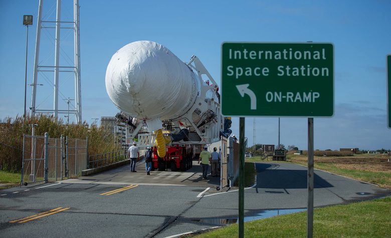 A Northrop Grumman Antares rocket carrying a Cygnus resupply spacecraft is transported to the launch pad at NASA’s Wallops Flight Facility in Virginia for its Oct. 2 launch to the International Space Station. Photo courtesy NASA/Patrick Black