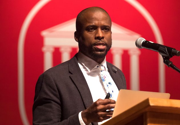 Brian Foster, UM assistant professor of sociology and Southern studies delivers the keynote speech at the 2019 spring convocation for the Sally McDonnell Barksdale Honors College. Foster, the university’s honoree for Mississippi Humanities Teacher of the Year, is slated to give the program’s annual lecture virtually on March 8. Photo by Kevin Bain/Ole Miss Digital Imaging Services