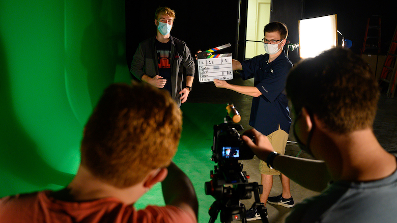 Students prepare to shoot a scene in the university’s new South Oxford Center film complex on South Lamar Boulevard. The $1.5 million facility has helped the Department of Theatre and Film add hands-on opportunities for students to gain professional experience in its bachelor’s program in film production. Photo by Robert Jordan/Ole Miss Digital Imaging Services