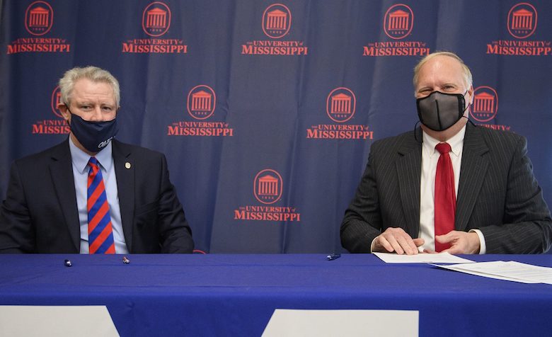 Chancellor Glenn Boyce (left) and Pontotoc Mayor Bob Peeples sign M Partner agreements on Friday (Jan. 22). Photo by Thomas Graning/Ole Miss Digital Imaging Services