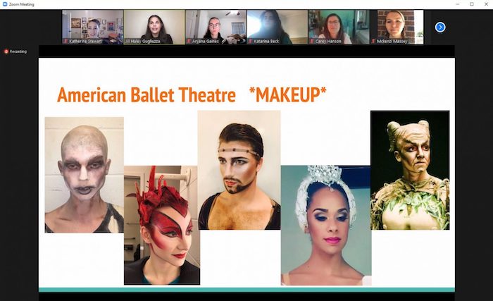 Jill Haley Gugliuzza (second from left at top), assistant wig, hair and makeup supervisor for the American Ballet Theatre, shows some of the makeup looks she’s created for the ABT to Production Studies students in the UM Department of Theatre and Film during a special presentation via Zoom.