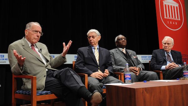 Former Gov. William Winter (left) participates in a panel discussion titled ‘How Events in Mississippi Changed American Politics’ in 2008 at the university. Photo by Ole Miss Digital Imaging Services