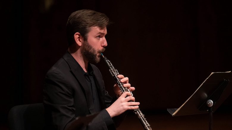 Austin Smith, UM instructor of oboe, plays with the North Mississippi Symphony Orchestra during the recorded performance at the Ford Center. Photo by Kevin Bain/Ole Miss Digital Imaging Services
