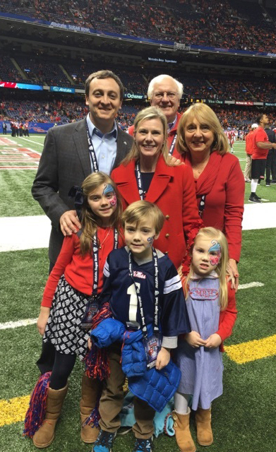 The Hussey family gathers at the 2016 Sugar Bowl to watch Ole Miss take on Oklahoma State. They are (back row, from left) Charlie Hussey, associate commissioner of the Southeastern Conference, and Chuck Hussey; (middle row) Jolee Hussey and Lindsay Hussey, Charlie’s wife; and (front row) Olivia Hussey, Charles Hussey and Maddie Hussey. Submitted photo