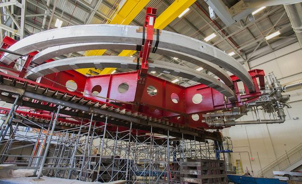 The Muon g-2 experiment ring sits in its detector hall at the Fermi National Accelerator Laboratory. Photo courtesy Fermilab