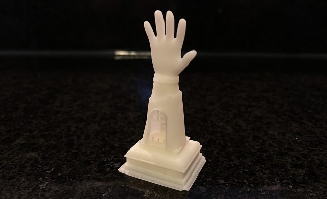 This 3D reliquary model of a hand was printed during a trial run for REL 340: Pilgrimage: Sacred Journeys, a new course being offered at the university this fall. The class is a collaborative effort between the Department of Religion and Philosophy and the Department of Mechanical Engineering. Photo courtesy of Yiwei Han/Department of Mechanical Engineering