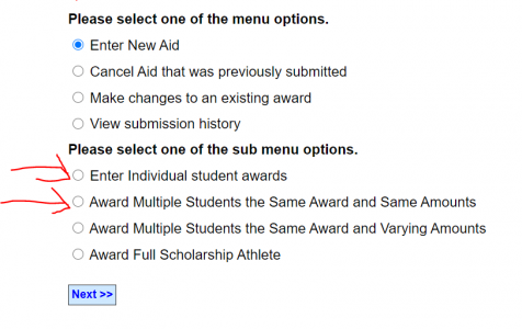 Screen capture. Headline is: Please select one of the menu options. Enter new aid radio button selected. Second prompt is: Please select one of the sub menu options. Enter Individual student awards and Award Multiple Students the Same Award and Same Amounts and both highlighted selections. 