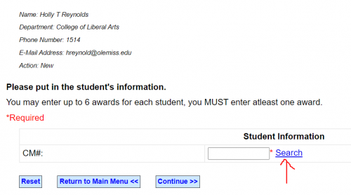 Screen capture of menu options with header: Please put in the student's information. The *Search link is highlighted.