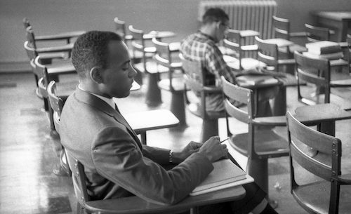 James Meredith attends a class in Meek Hall during his first day as a UM student in October 1962. Photo courtesy Special Collections, University of Mississippi Libraries