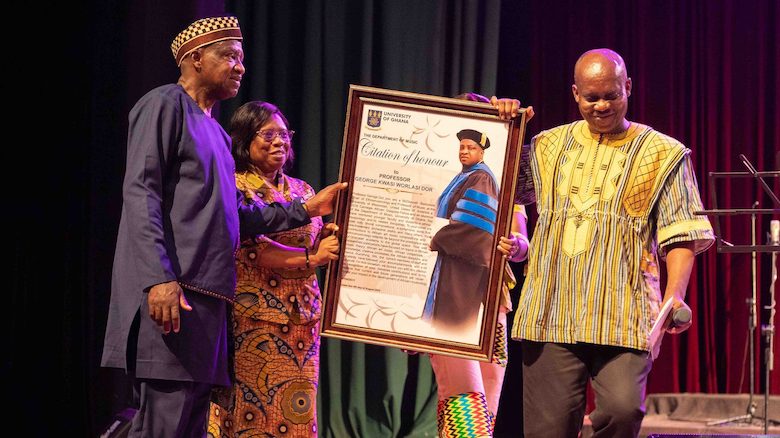 UM music professor George Worlasi Kwasi Dor (left) receives a citation presented by Adwoa Arhine (center), head of the Department of Music in the University of Ghana School of Performing Arts, and Benjamin Amakye-Boateng, a lecturer in the department. Submitted photo