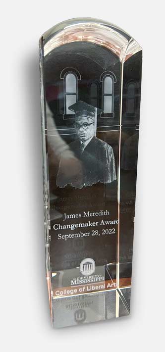 Photo of crystal award presented to winner of the James Meredith Changemaker award