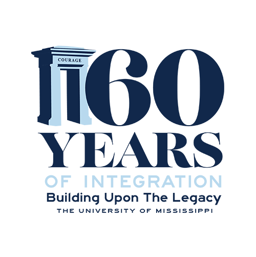 Logo. Illustration of portal portion of the Civil Rights Monument on the UM campus. Text reads: "60 Years of Integration. Building Upon The Legacy. The University of Mississippi" 