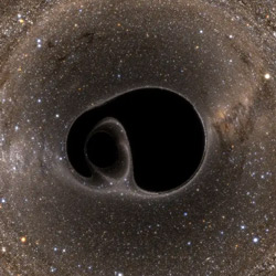 Illustration of black hole: brown field with black amorphous shape in the middle.
