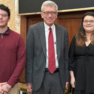 State Rep. Tommy Reynolds (center) visits with UM Hillel officers Malachy Bartkus (left) and Isabella Gadberry at the Mississippi Capitol. Gadberry and Bartkus spoke to the House of Representatives chamber on the 78th anniversary of the liberation of Auschwitz, International Holocaust Remembrance Day. Submitted photo