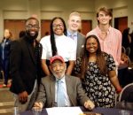 1. James Meredith (seated) with finalists for the first University of Mississippi College of Liberal Arts James Meredith Changemaker Award at the Honoring Diversity Excellence Celebration on April 11, 2023, in the Student Union Ballroom: Bobby Hudson (from left), Faith Deering, Logan Thomas, Jack Meadows, Morgan Yhap. Not pictured are Andy Flores, Reinhard Knerr, and Arquvas Williams. Photo by Tenola Plaxico of Articulate Photography