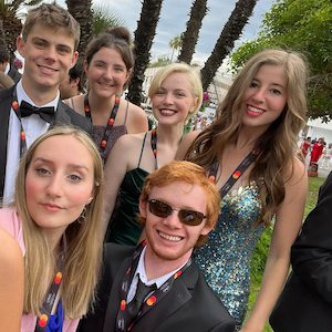 UM students (front, from left) Henri Long, Grace Azordegan and Bryce Barrett and (back, from left) Cooper Carrico, Megan Hughes, Miranda Tate and Morgan Whited wait for the premiere of 'Indiana Jones and the Dial of Destiny' at the Cannes Film Festival. Submitted photo