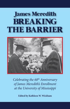 James Meredith's Breaking the Barrier book cover. Cover has photo of Meredith receiving diploma from UM