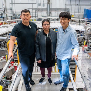 University of Mississippi graduate students Byunchgul Yu (left) and Baisakhi Mitra and postdoctoral researcher On Kim received URA Visiting Scholar awards to live and work at Fermi National Accelerator Laboratory. Photo by Daniel Svoboda/Fermilab Creative Services